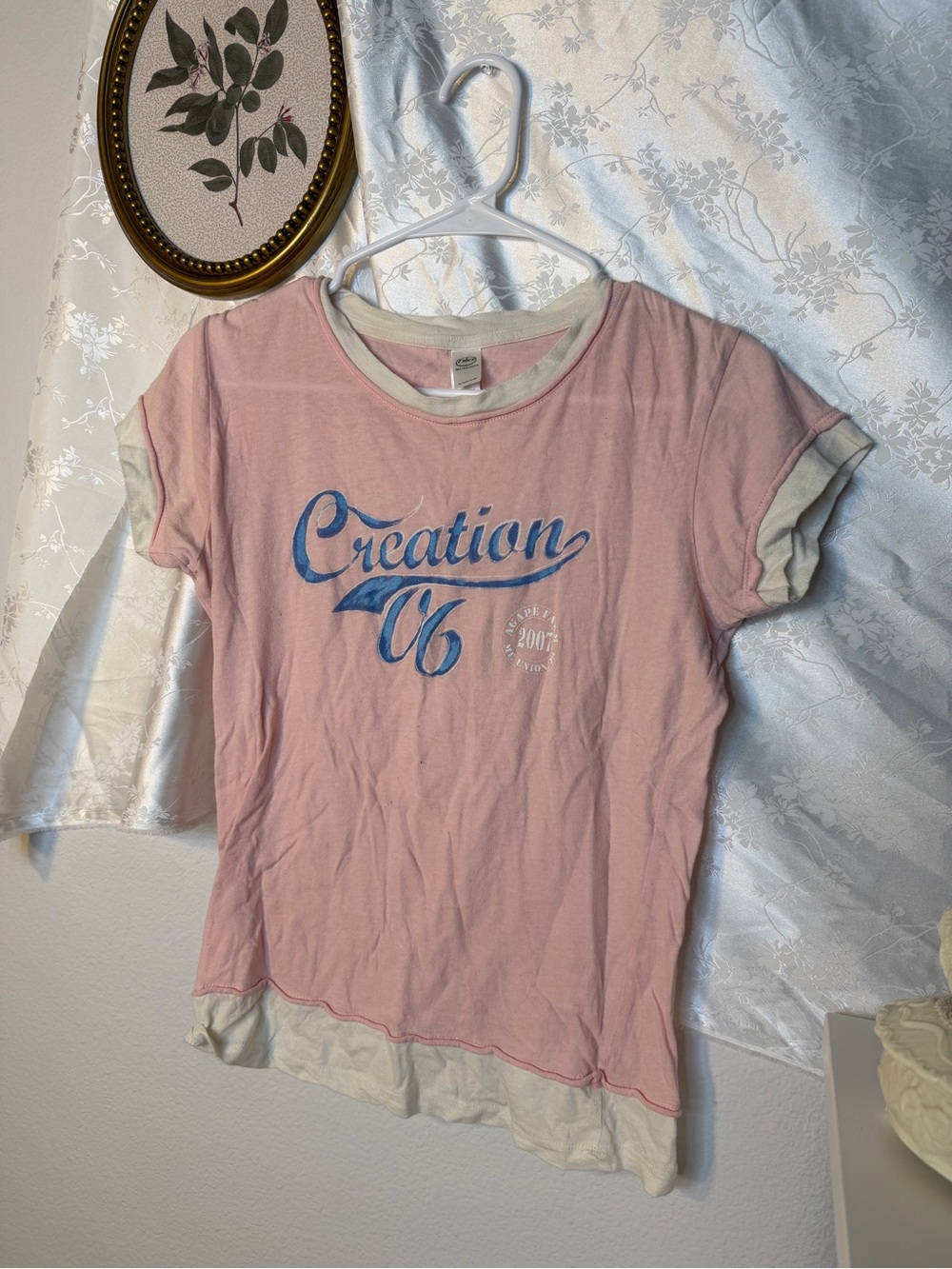 Next Level Apparel Pink Ringer Tee with Blue 'Creation' Graphic